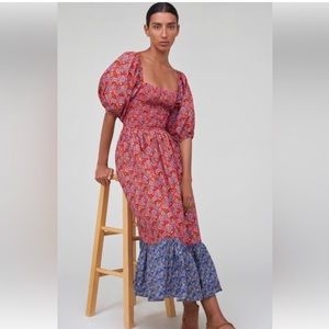 House Of Harlow 1960 Floral Maxi Dress Large Puff Sleeves Cotton Poplin Pink